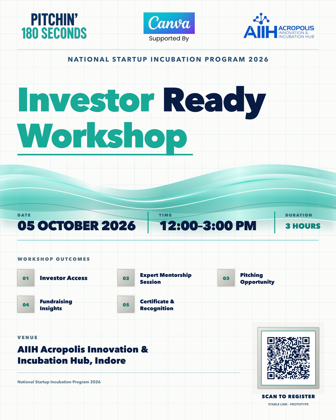 Current Investor Ready Workshop poster using Montserrat typography, a glass wave and concrete tiles