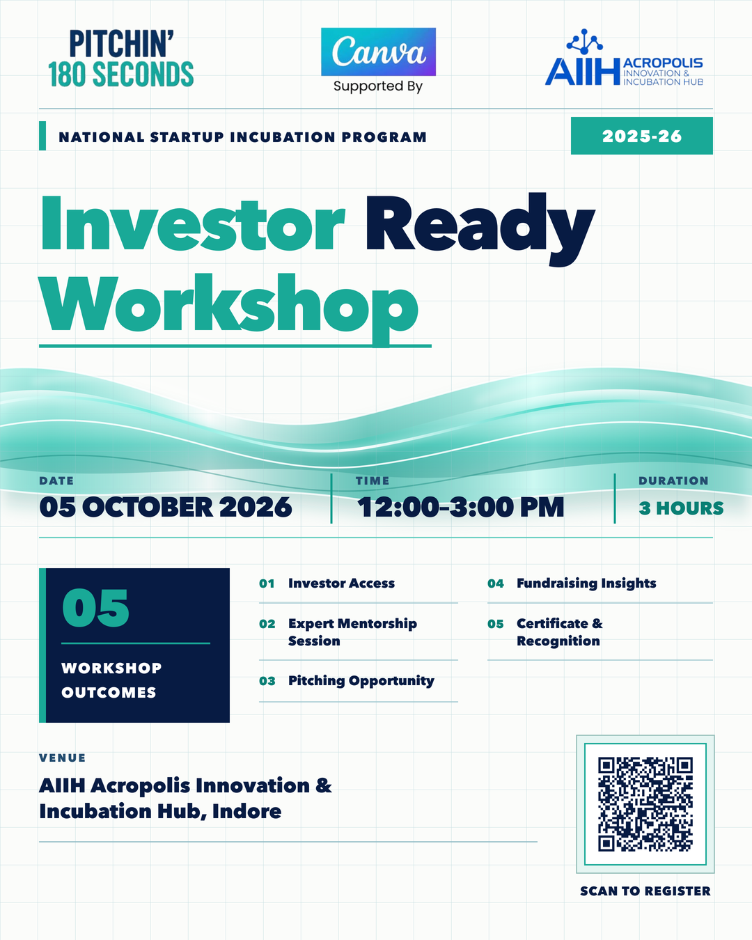 Current Investor Ready Workshop poster using Montserrat typography, a glass wave and crisp mint-and-navy editorial accents
